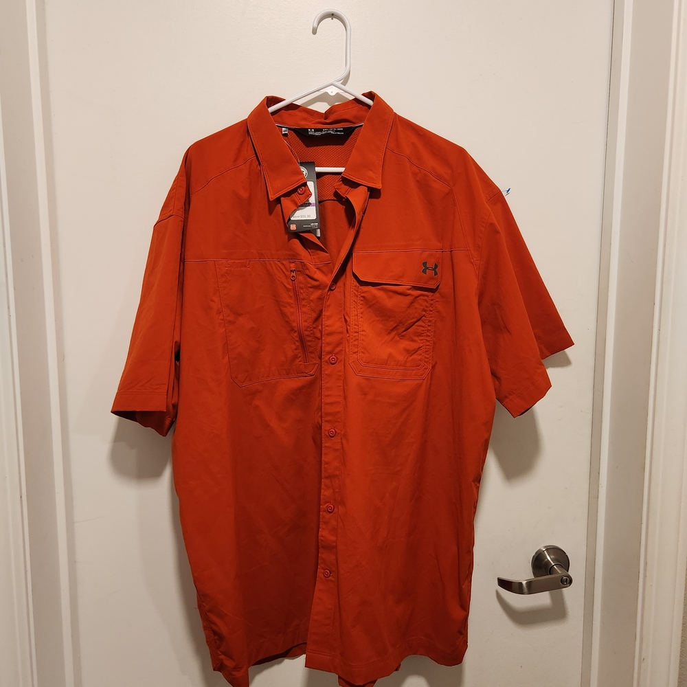 Brand New Under Armour Men's Vibrant Orange Button Down Shirt Size 2XL HeatGear